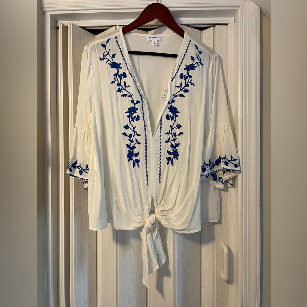 Hailey & Co White V-neck Top With Lovely Embroidery. NWOT
